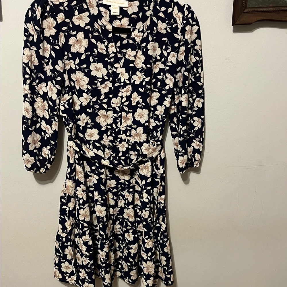 Navy Floral Long-Sleeve Wrap Dress with Cream Blooms